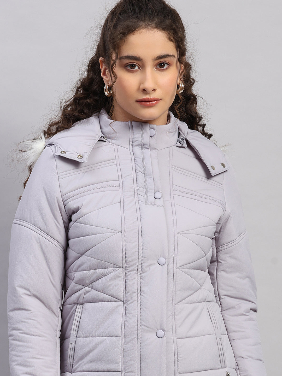 Women Purple Self Design Hooded Full Sleeve Jacket