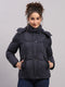 Women Navy Blue Self Design Hooded Full Sleeve Jacket