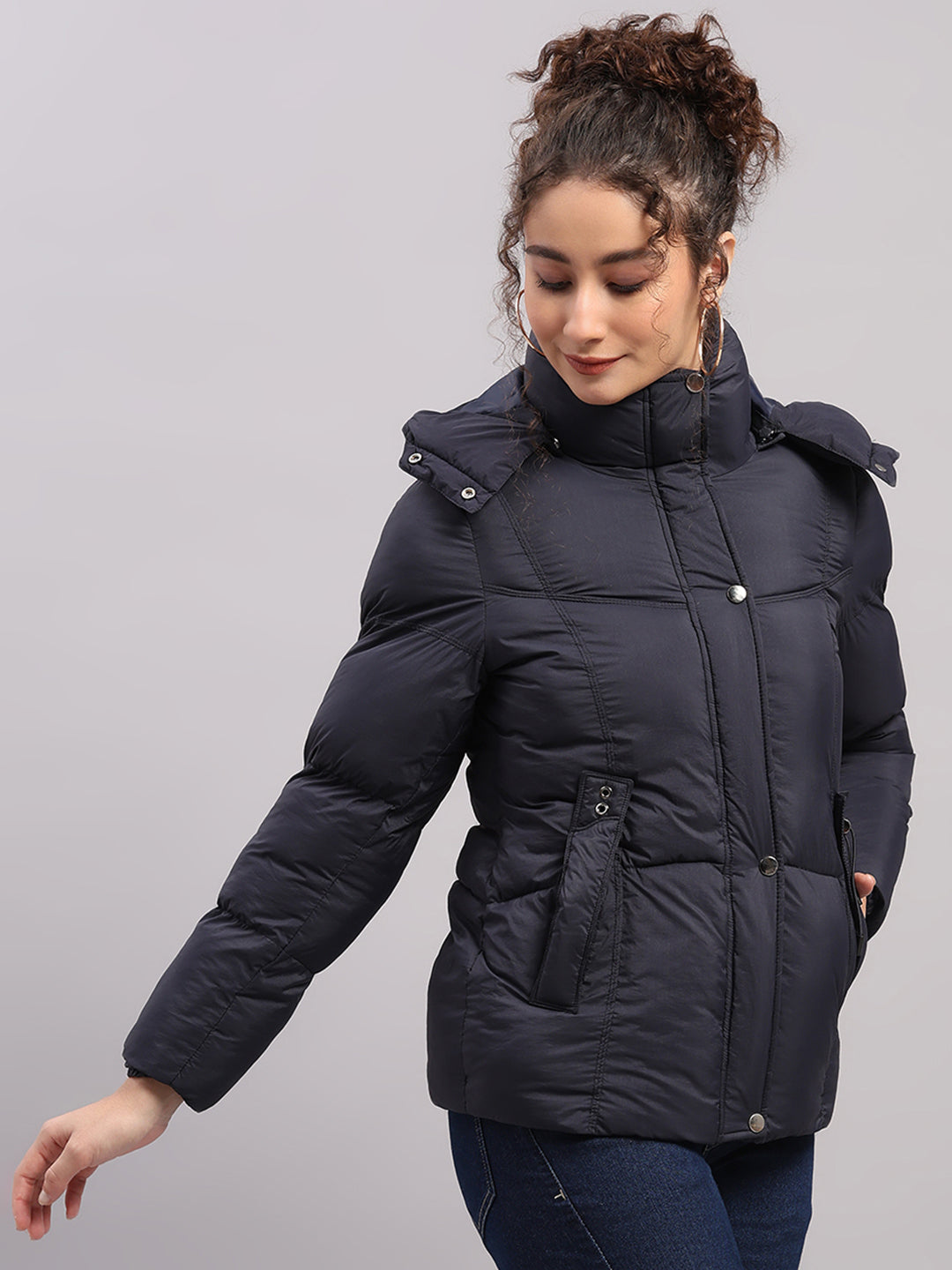 Women Navy Blue Self Design Hooded Full Sleeve Jacket