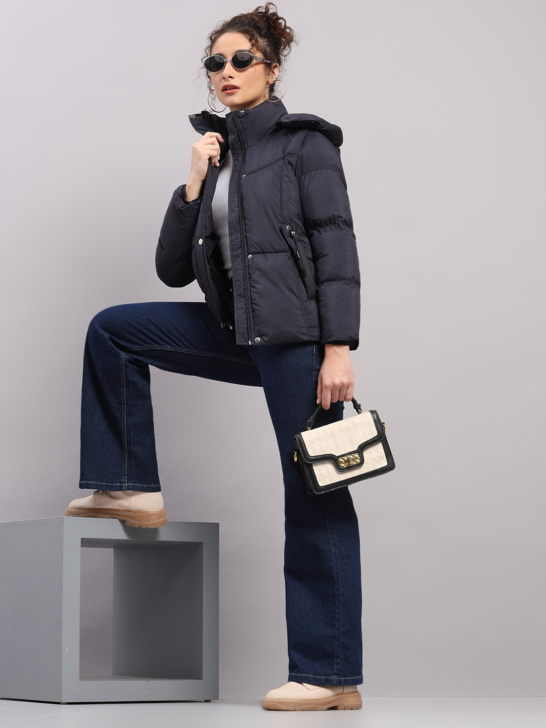 Women Navy Blue Self Design Hooded Full Sleeve Jacket