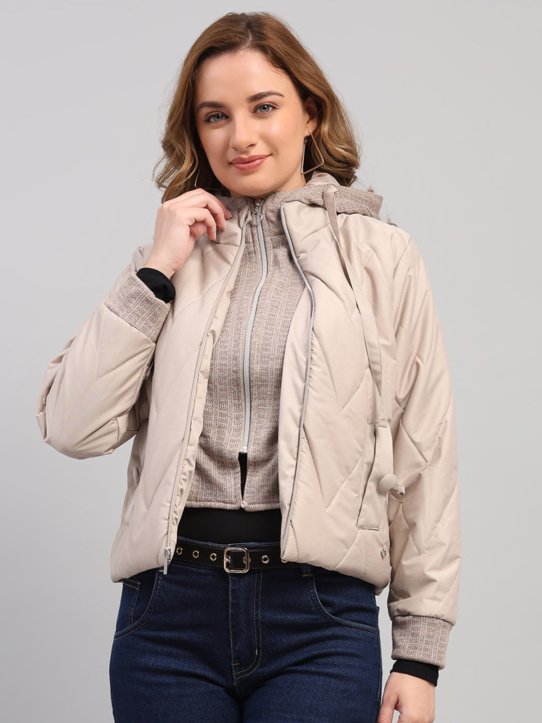 Women Beige Self Design Hooded Full Sleeve Jacket