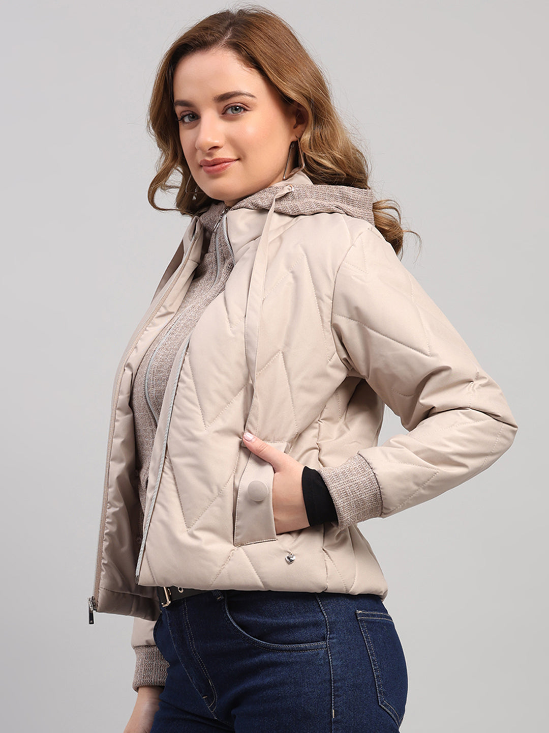 Women Beige Self Design Hooded Full Sleeve Jacket