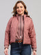 Women Mauve Self Design Hooded Full Sleeve Jacket