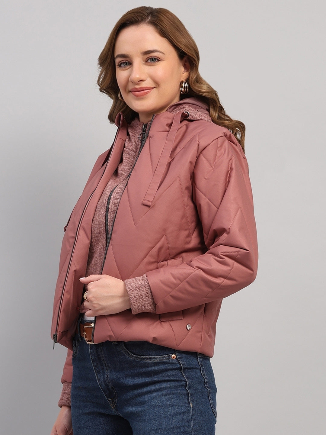 Women Mauve Self Design Hooded Full Sleeve Jacket