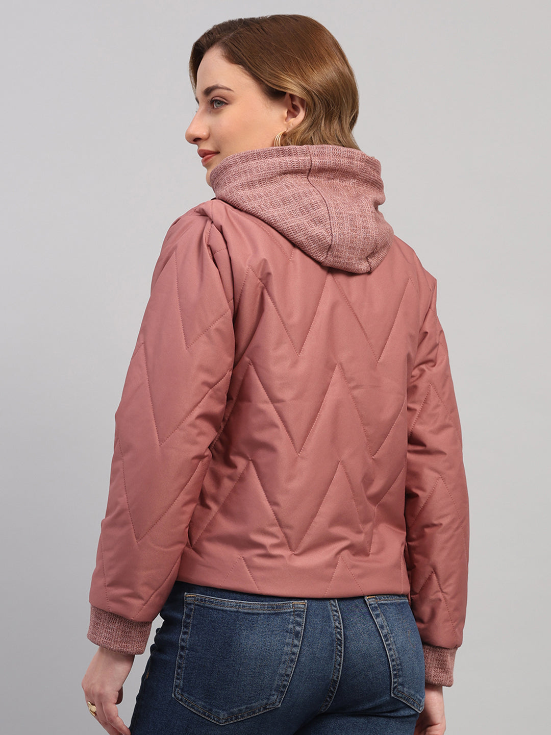 Women Mauve Self Design Hooded Full Sleeve Jacket