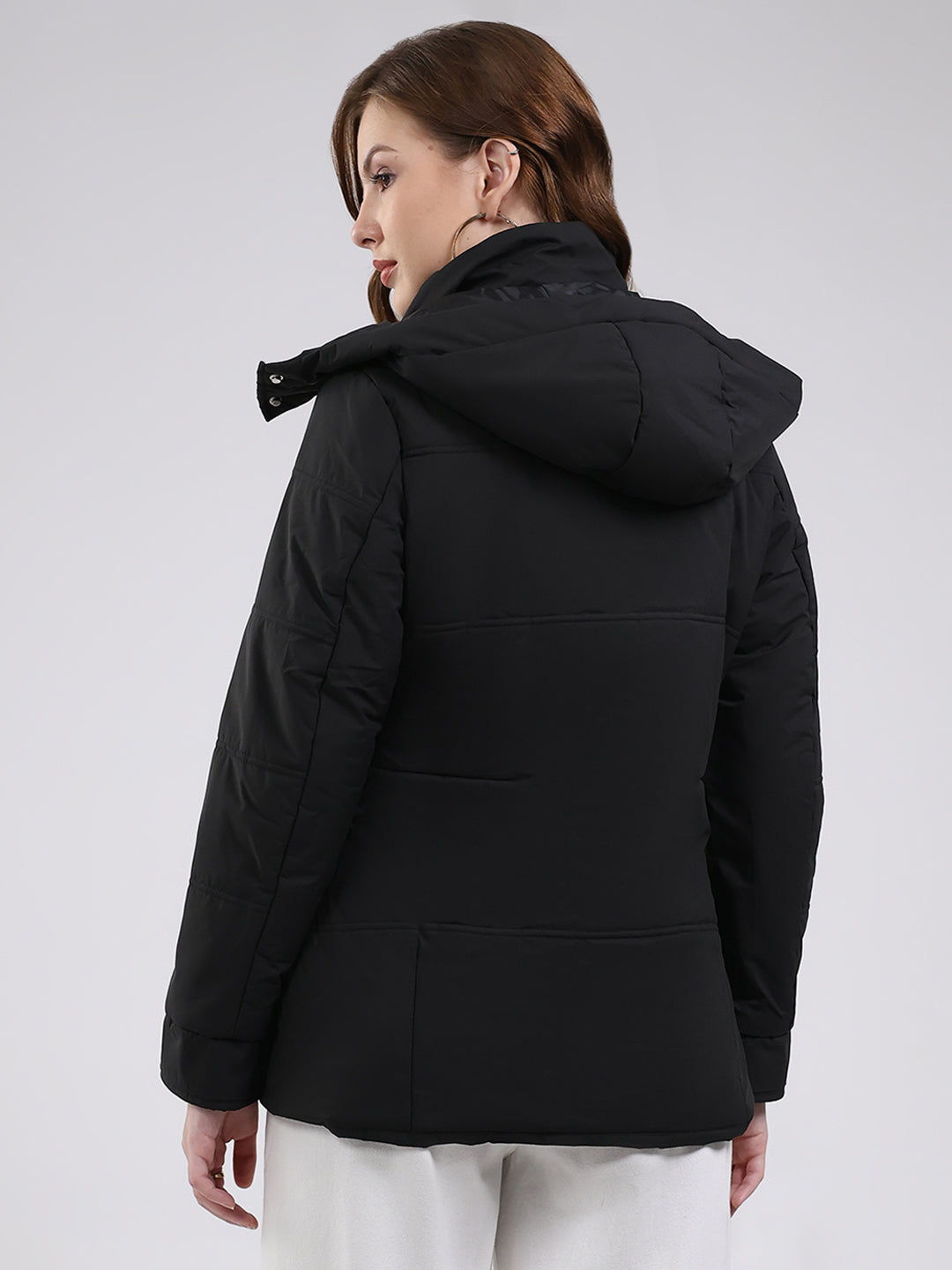 Women Black Solid Hooded Full Sleeve Jacket