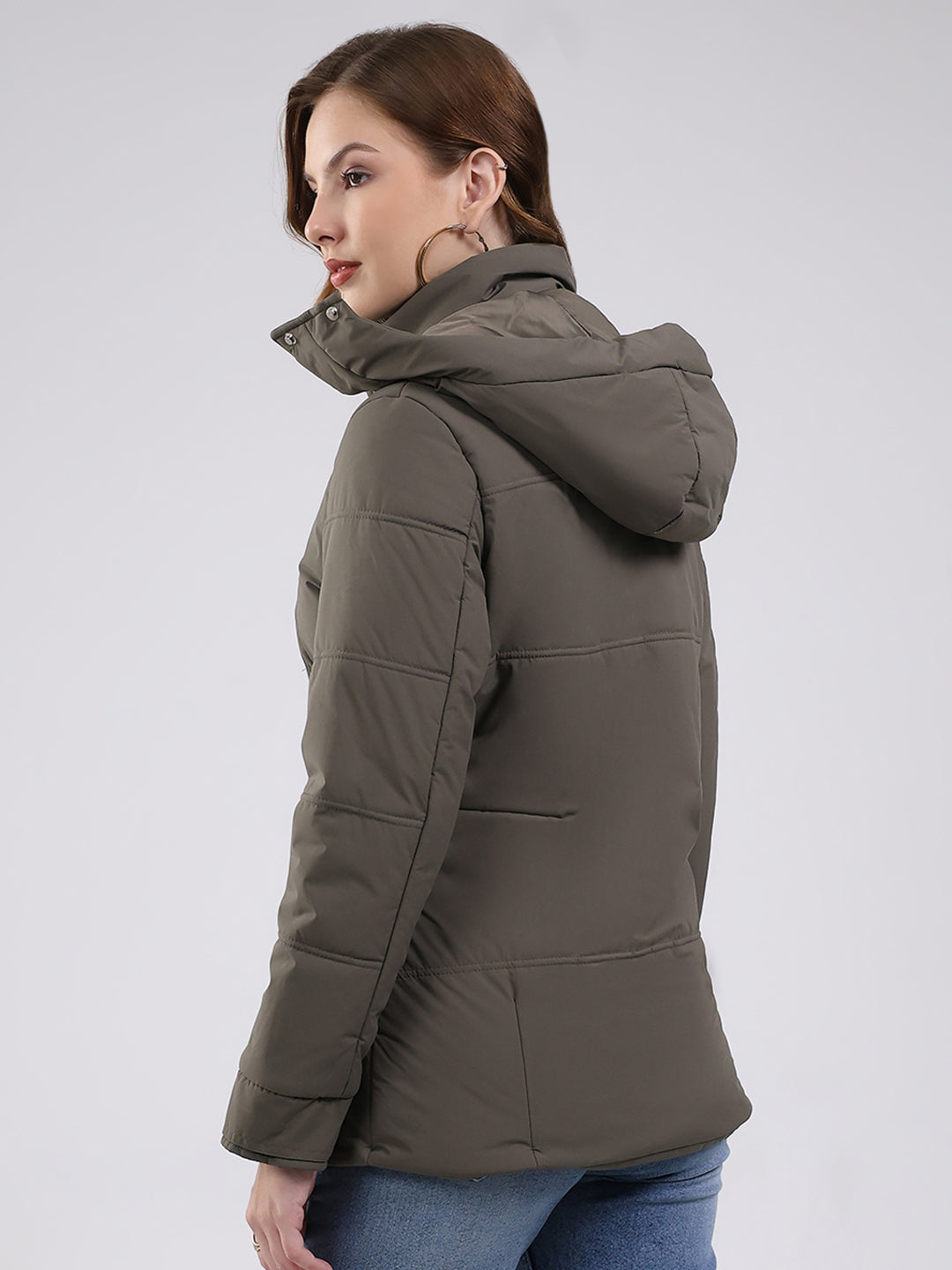 Women Olive Solid Hooded Full Sleeve Jacket