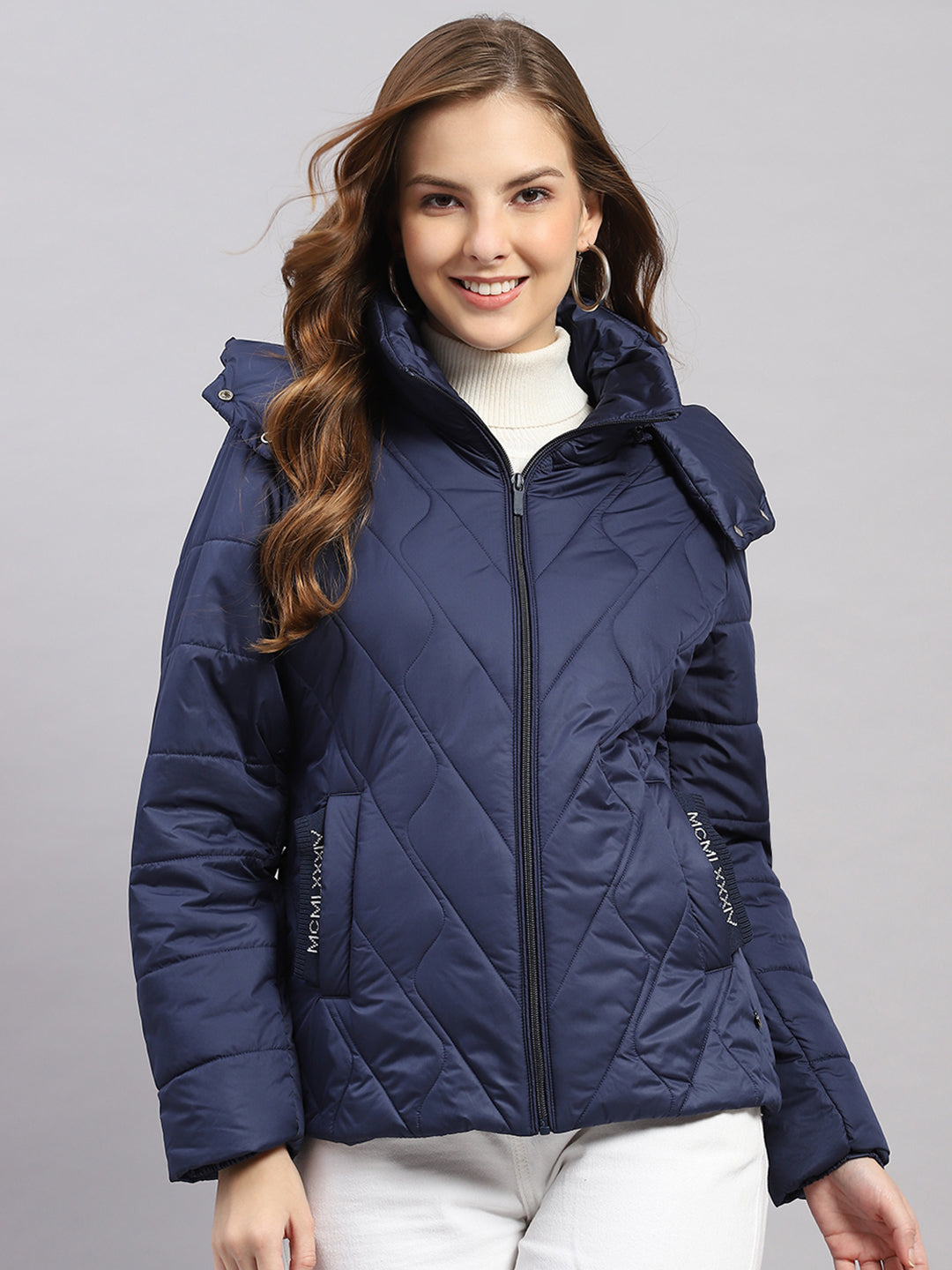 Women Blue Solid Hooded Full Sleeve Jacket