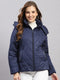Women Blue Solid Hooded Full Sleeve Jacket