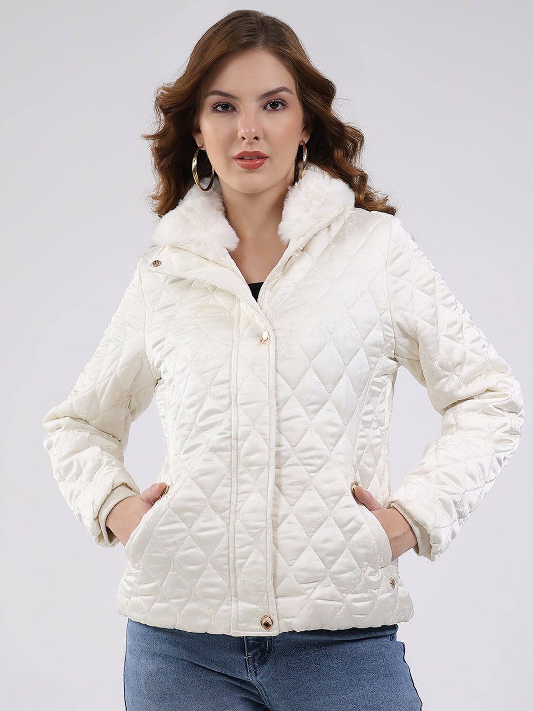 Women Off White Self Design Collar Full Sleeve Jacket