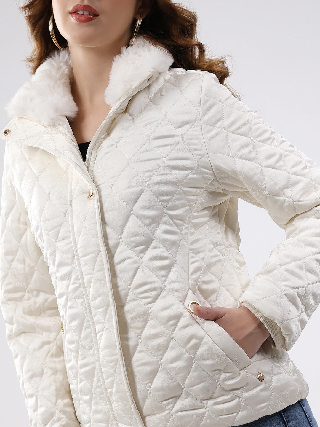 Women Off White Self Design Collar Full Sleeve Jacket