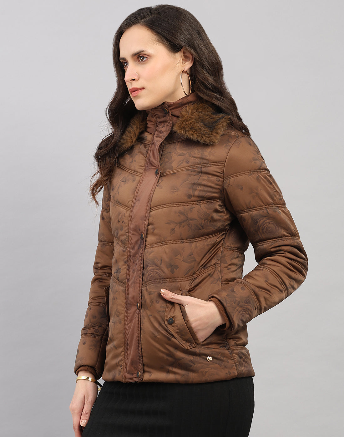 Women Brown Printed Collar Full Sleeve Jacket