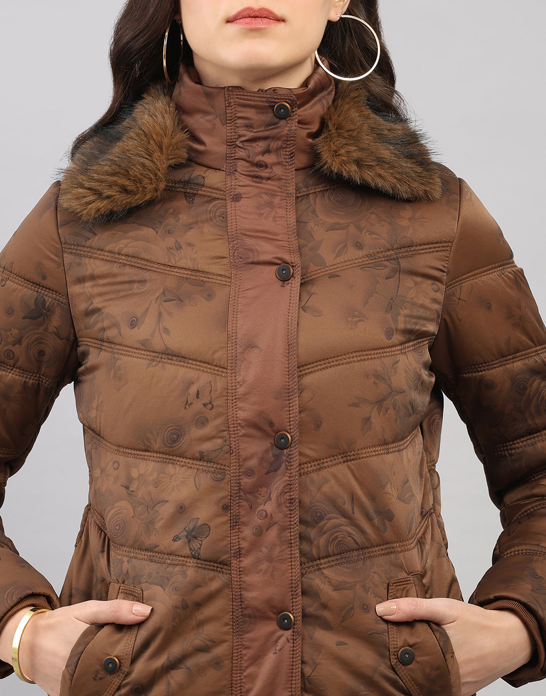 Women Brown Printed Collar Full Sleeve Jacket