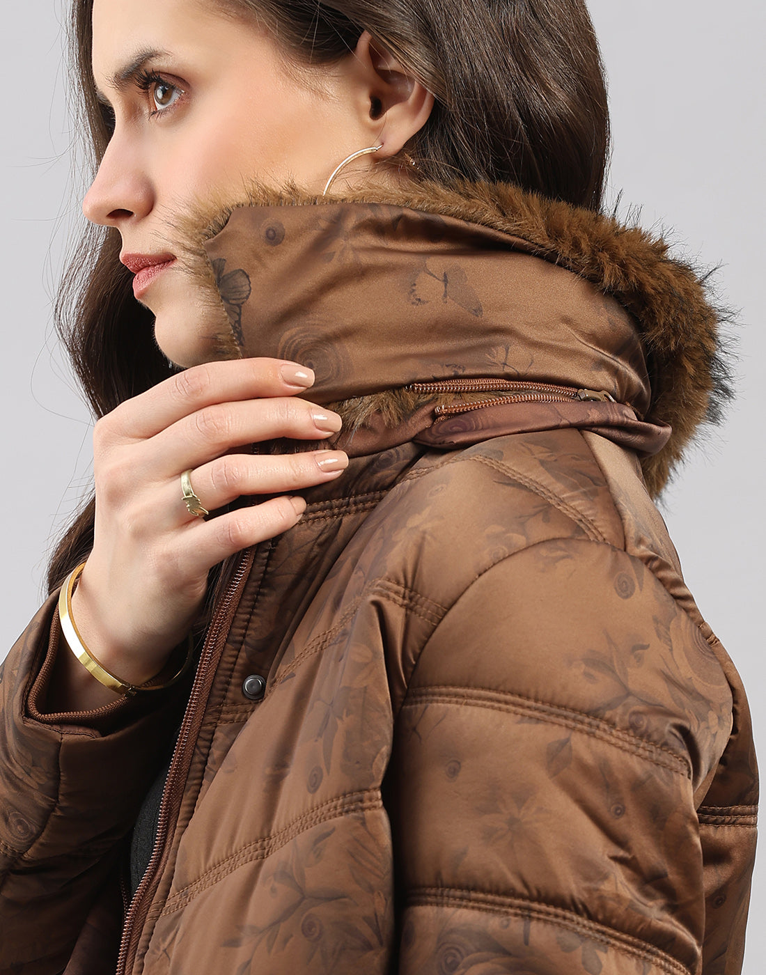 Women Brown Printed Collar Full Sleeve Jacket