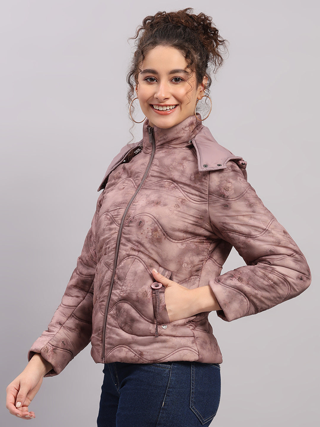 Women Mauve Printed Hooded Full Sleeve Jacket