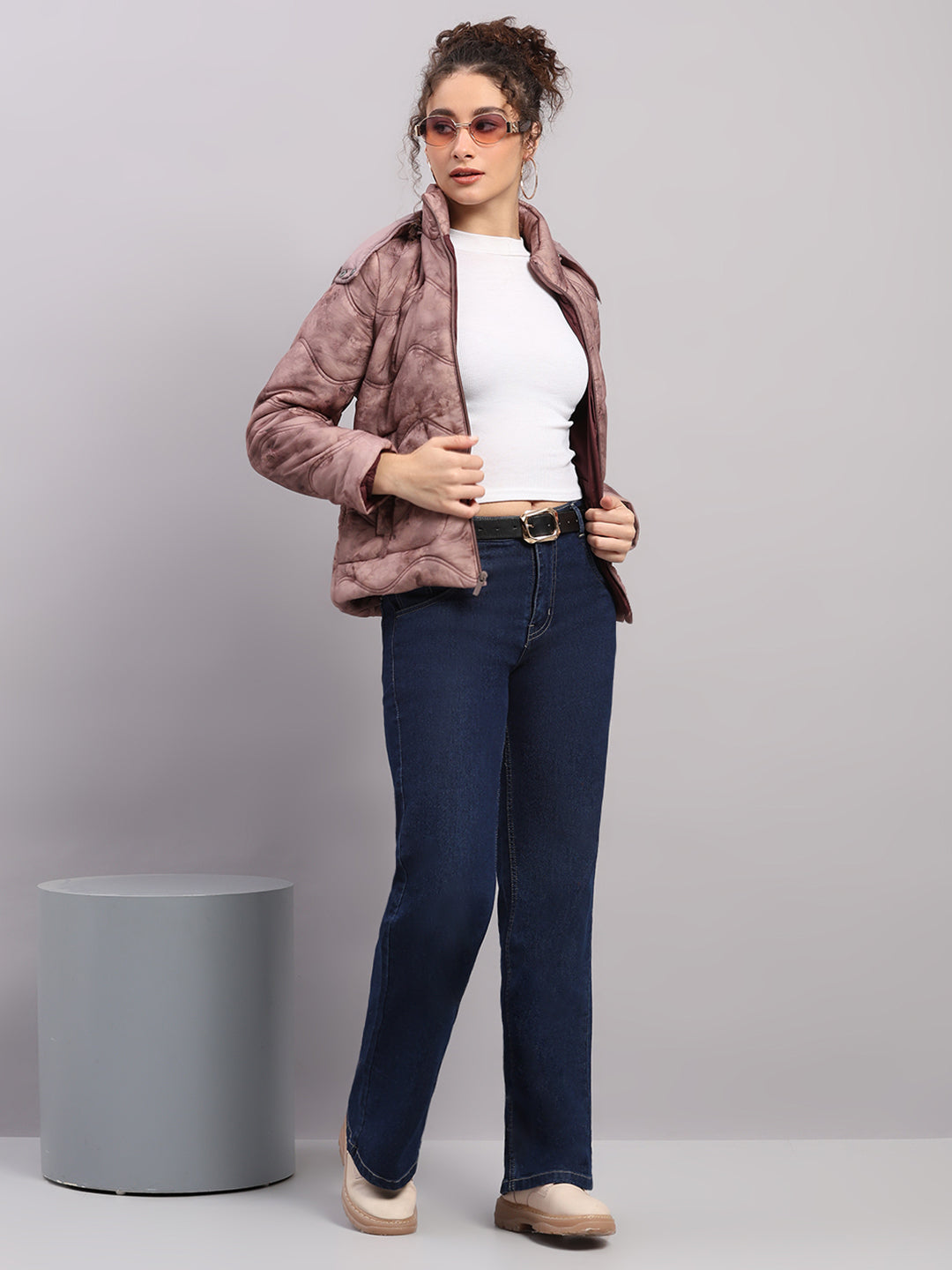 Women Mauve Printed Hooded Full Sleeve Jacket