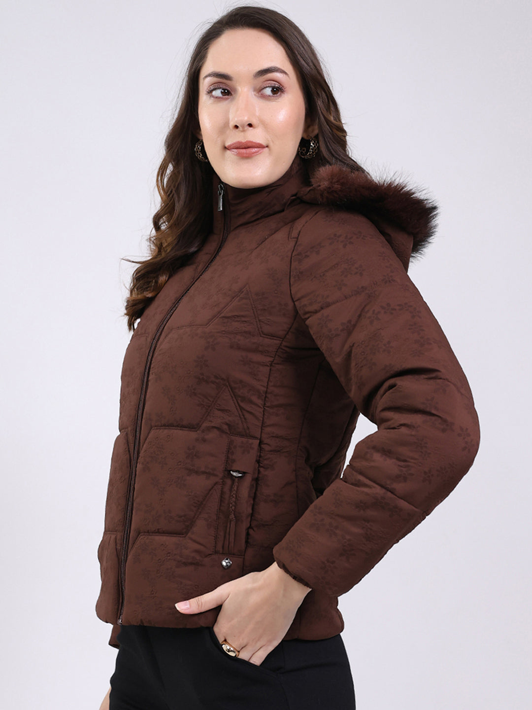 Women Brown Solid Hooded Full Sleeve Jacket