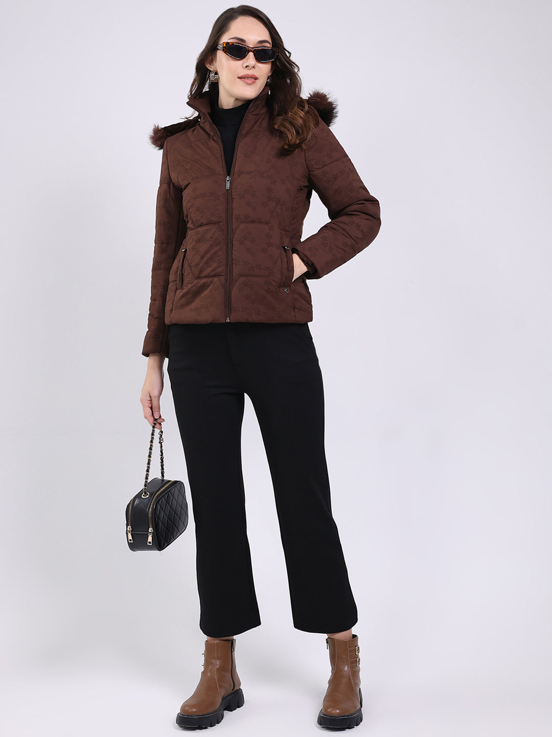 Women Brown Solid Hooded Full Sleeve Jacket
