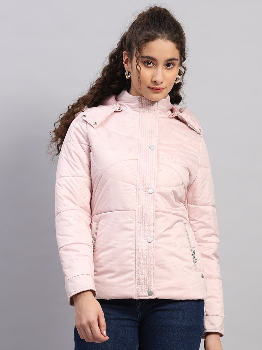 Women Pink Printed Hooded Full Sleeve Jacket