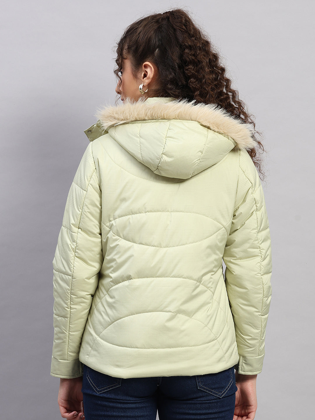 Women Green Printed Hooded Full Sleeve Jacket