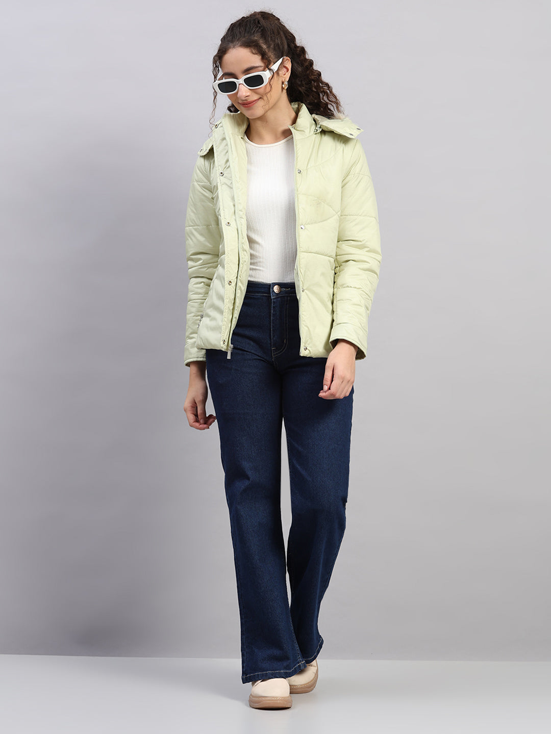 Women Green Printed Hooded Full Sleeve Jacket