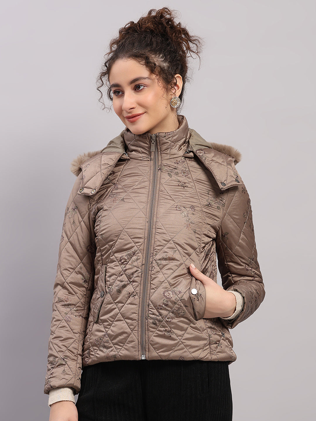 Women Olive Printed Hooded Full Sleeve Jacket