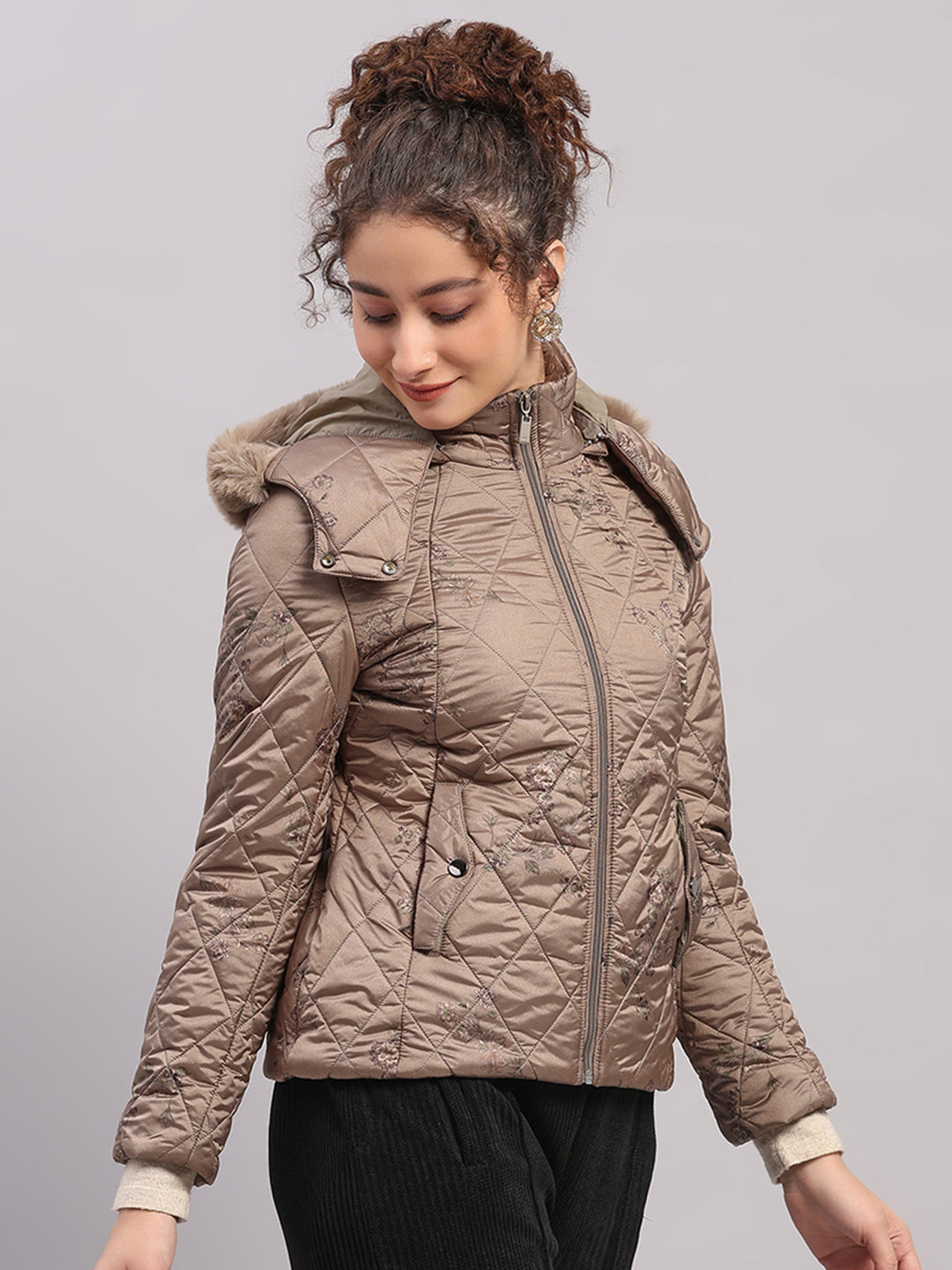 Women Olive Printed Hooded Full Sleeve Jacket