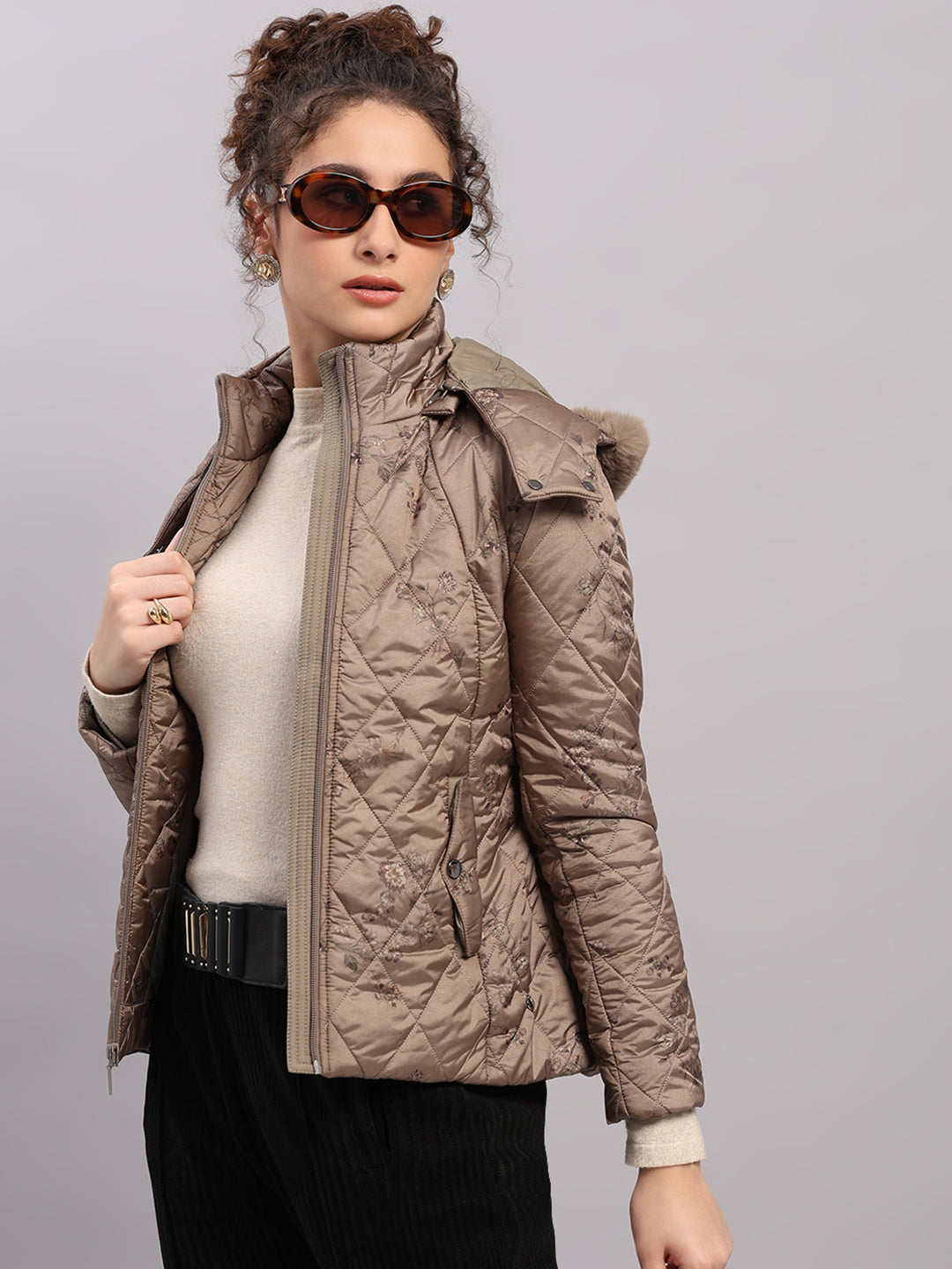 Women Olive Printed Hooded Full Sleeve Jacket