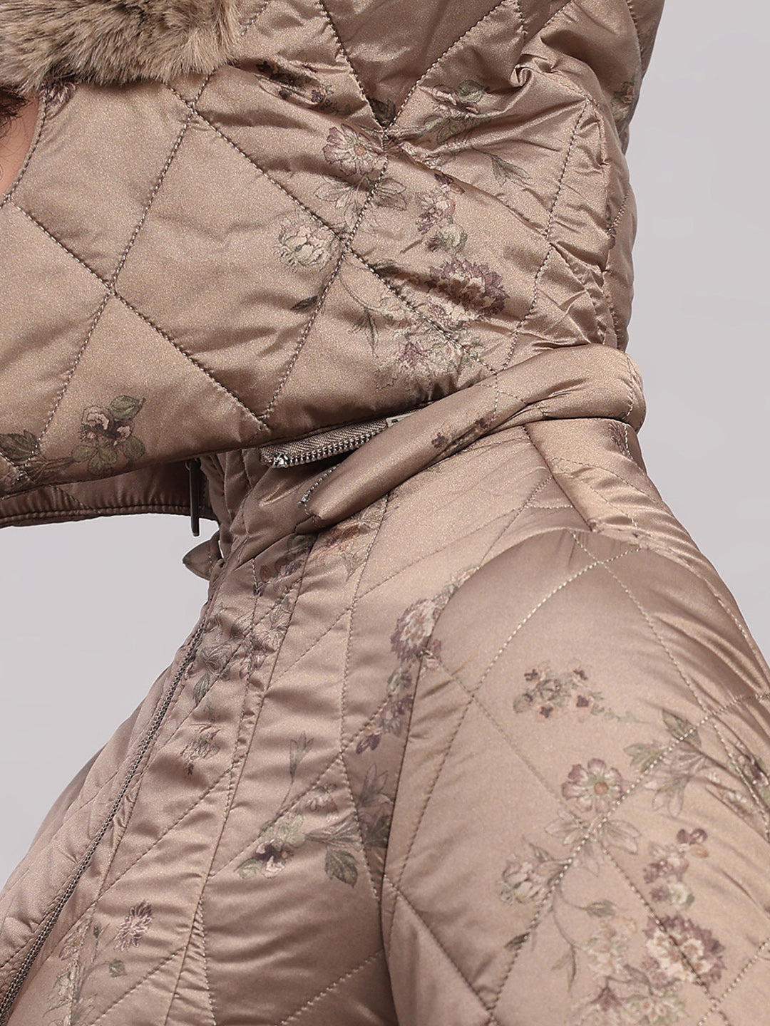Women Olive Printed Hooded Full Sleeve Jacket