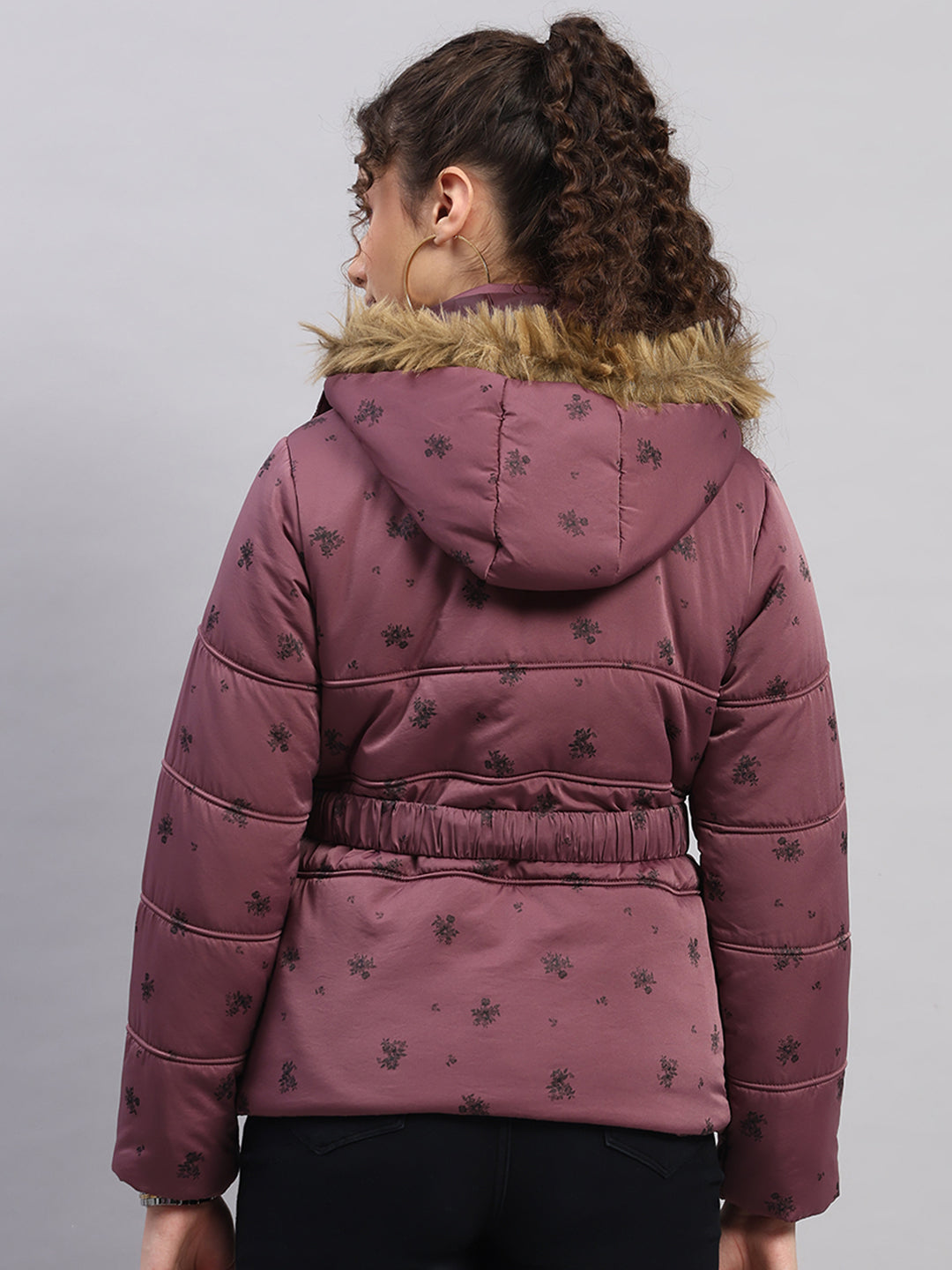 Women Mauve Printed Hooded Full Sleeve Jacket