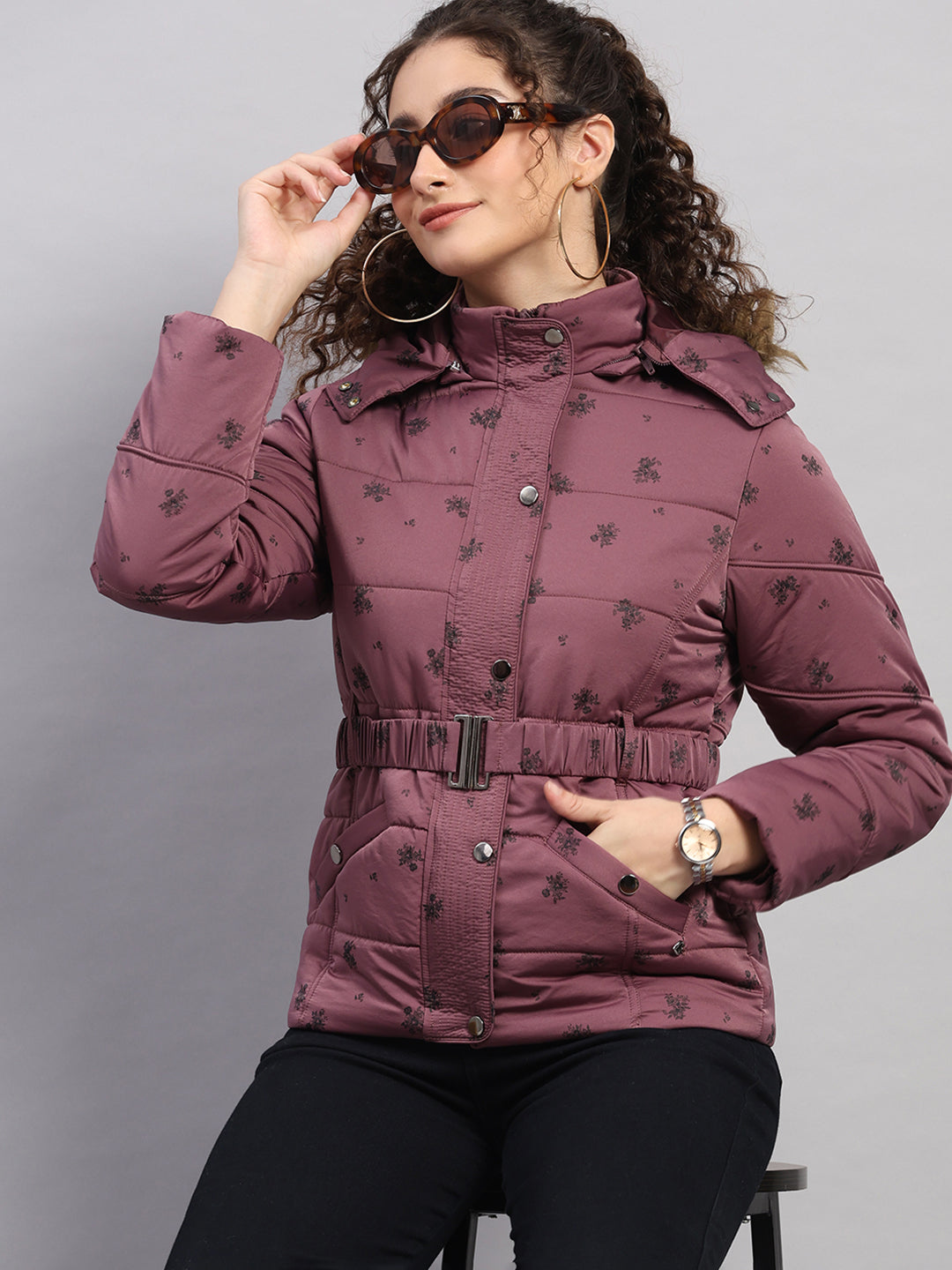 Women Mauve Printed Hooded Full Sleeve Jacket