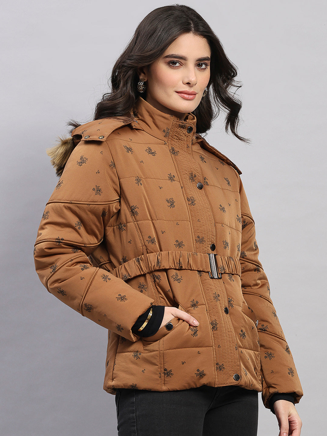 Women Tan Printed Hooded Full Sleeve Jacket