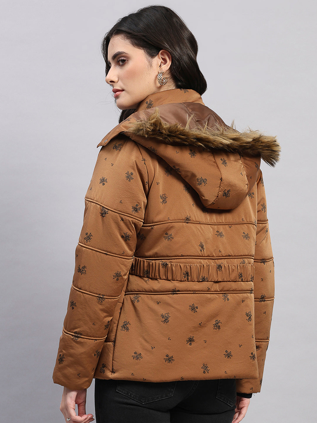 Women Tan Printed Hooded Full Sleeve Jacket