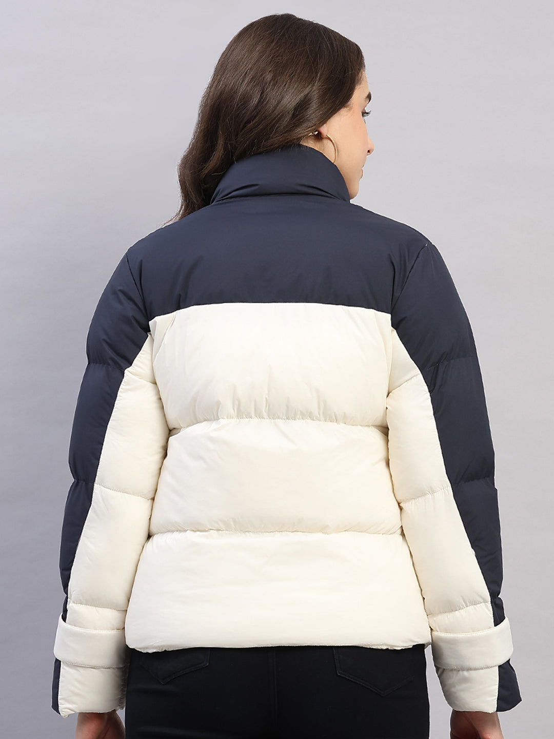 Women Navy Blue Solid Collar Full Sleeve Jacket