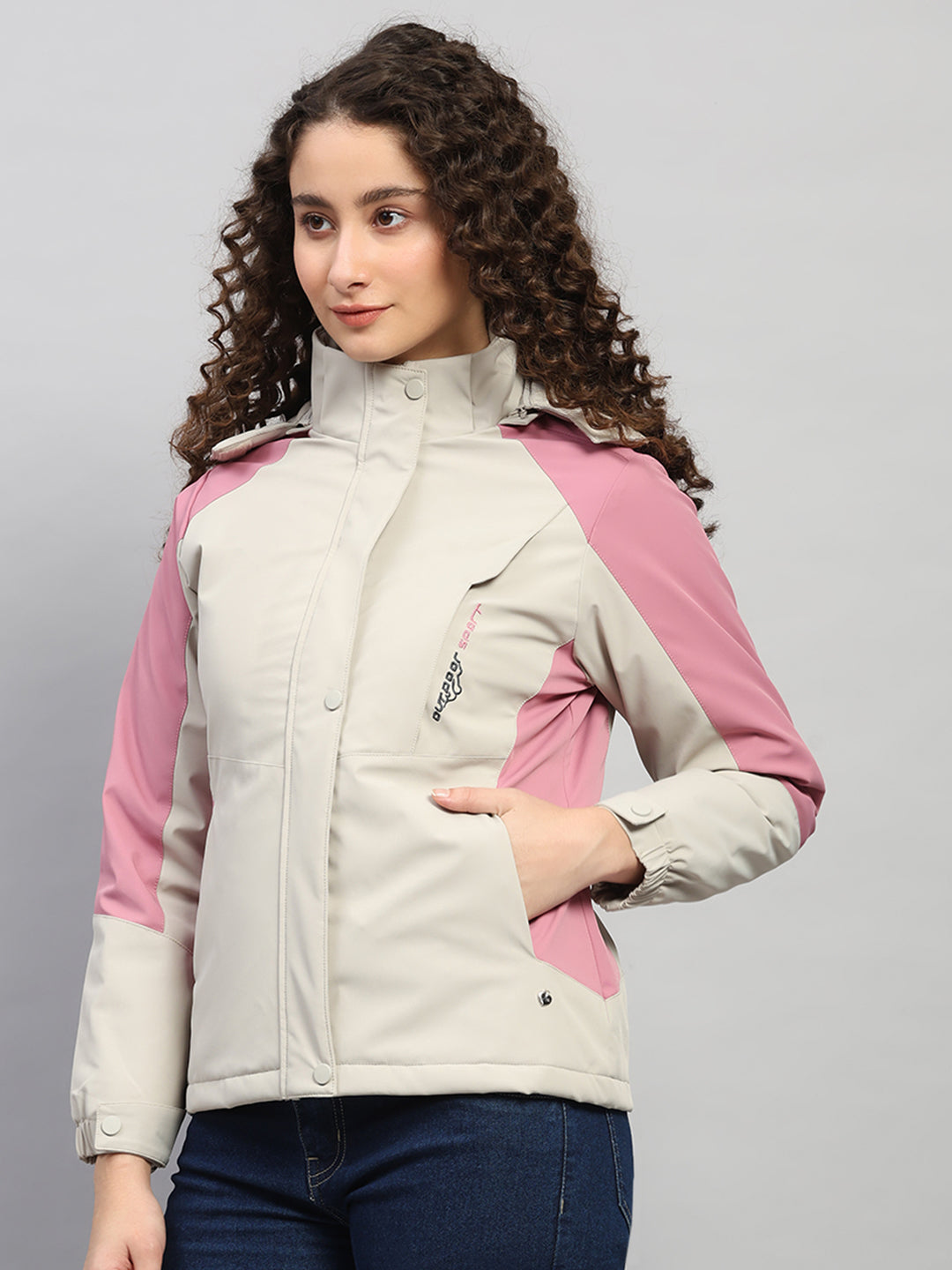 Women Beige Solid Hooded Full Sleeve Jacket