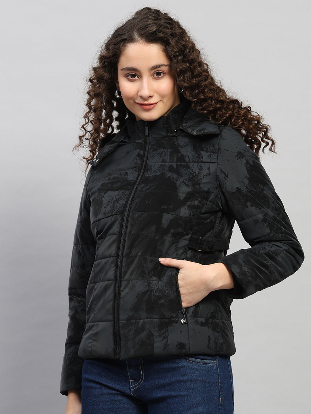 Women Black Printed Hooded Full Sleeve Jacket
