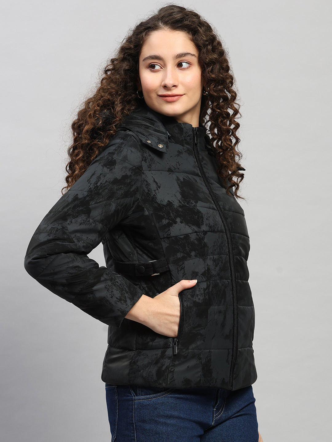 Women Black Printed Hooded Full Sleeve Jacket