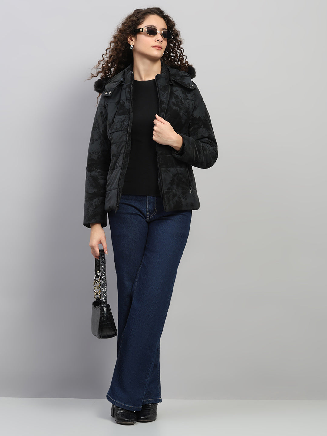 Women Black Printed Hooded Full Sleeve Jacket