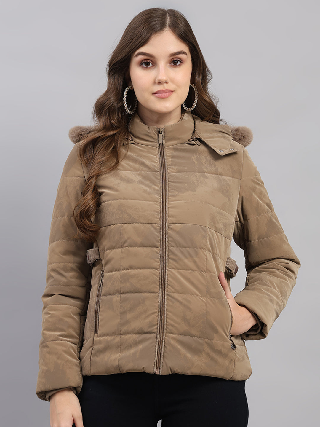 Women Brown Printed Hooded Full Sleeve Jacket