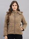 Women Brown Printed Hooded Full Sleeve Jacket