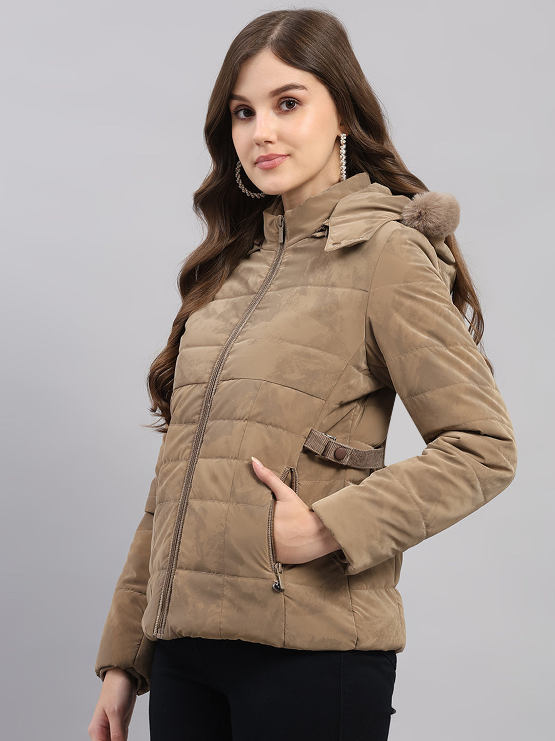 Women Brown Printed Hooded Full Sleeve Jacket