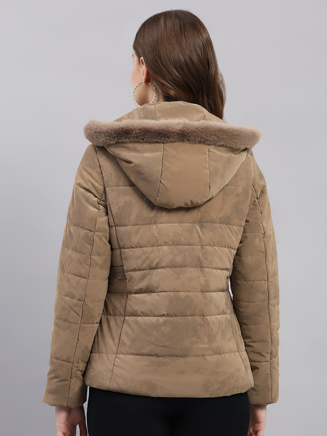 Women Brown Printed Hooded Full Sleeve Jacket