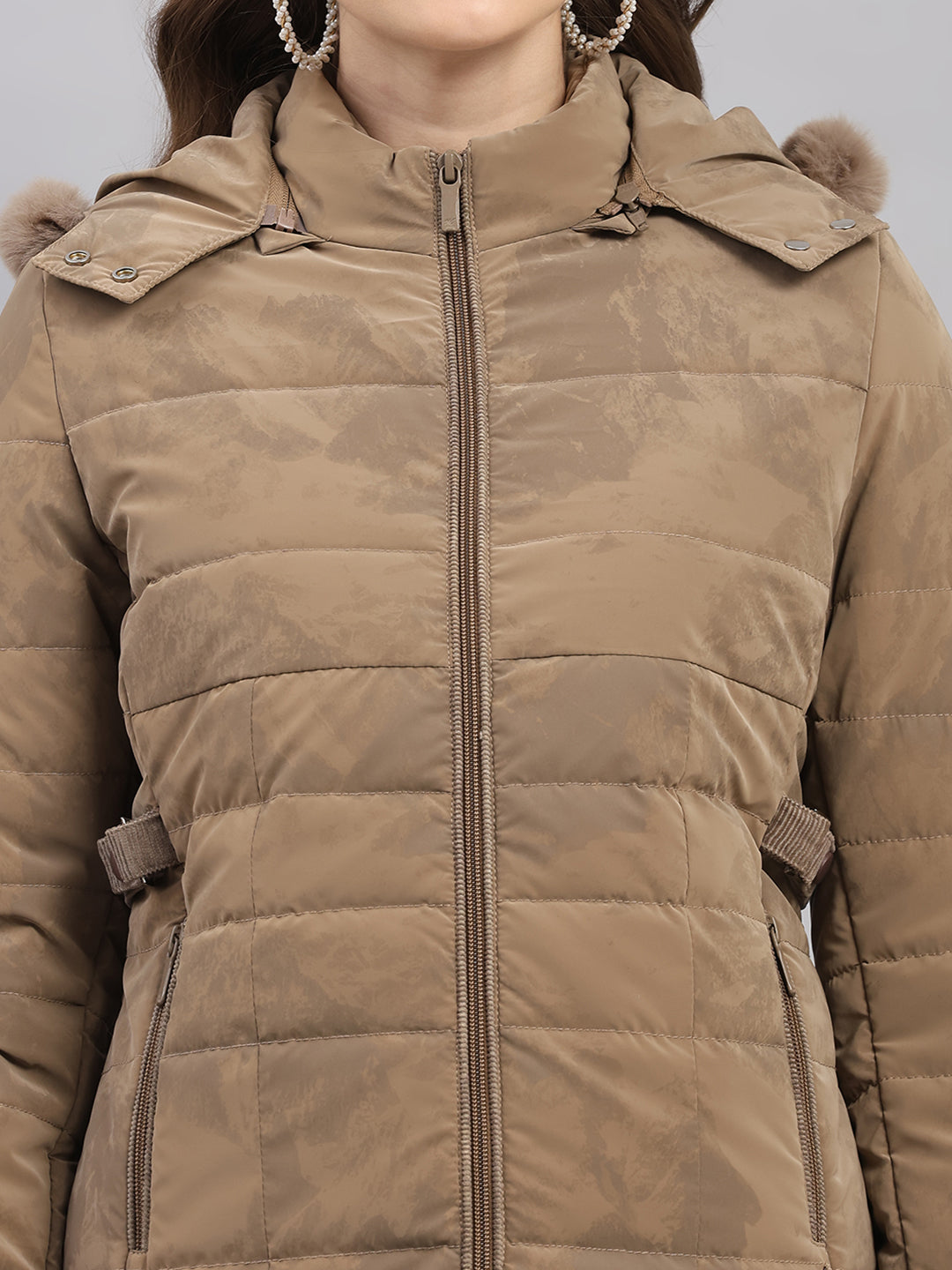 Women Brown Printed Hooded Full Sleeve Jacket