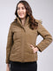 Women Camel Brown Solid Hooded Full Sleeve Jacket
