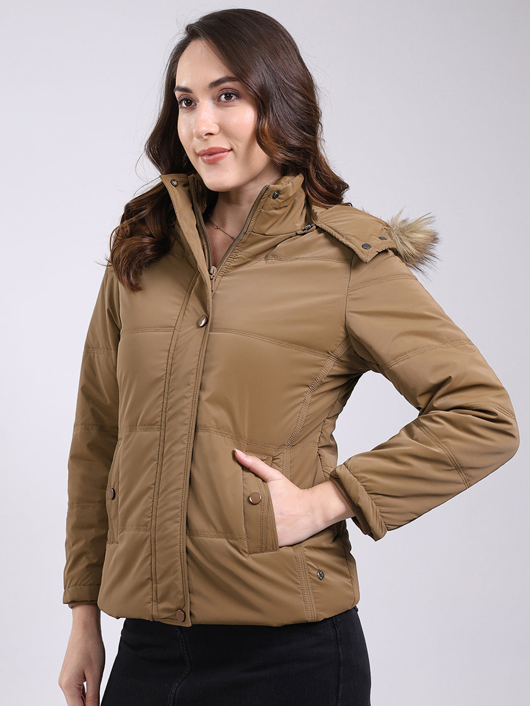 Women Camel Brown Solid Hooded Full Sleeve Jacket