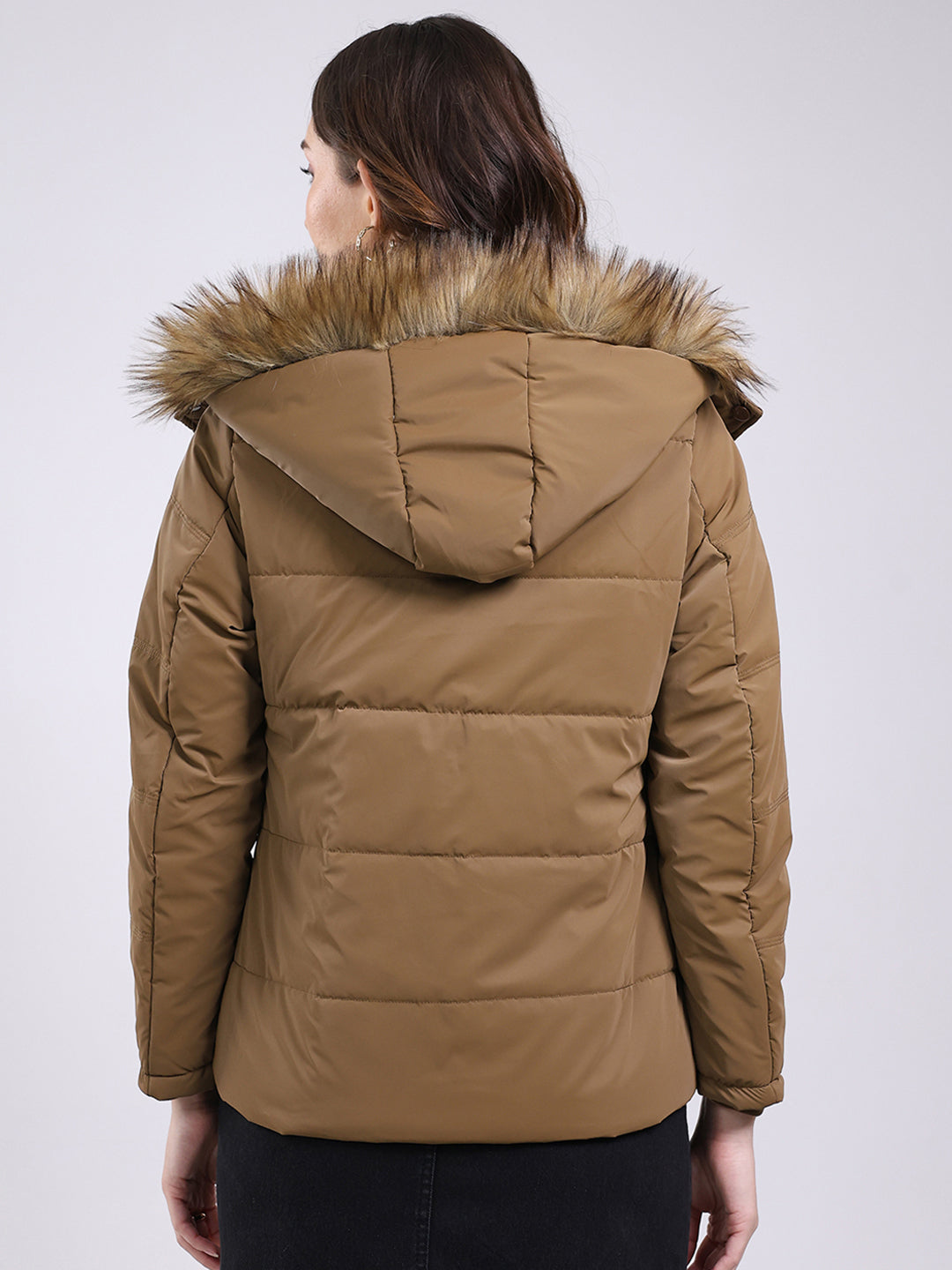 Women Camel Brown Solid Hooded Full Sleeve Jacket