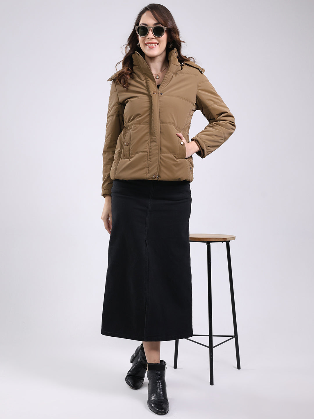 Women Camel Brown Solid Hooded Full Sleeve Jacket