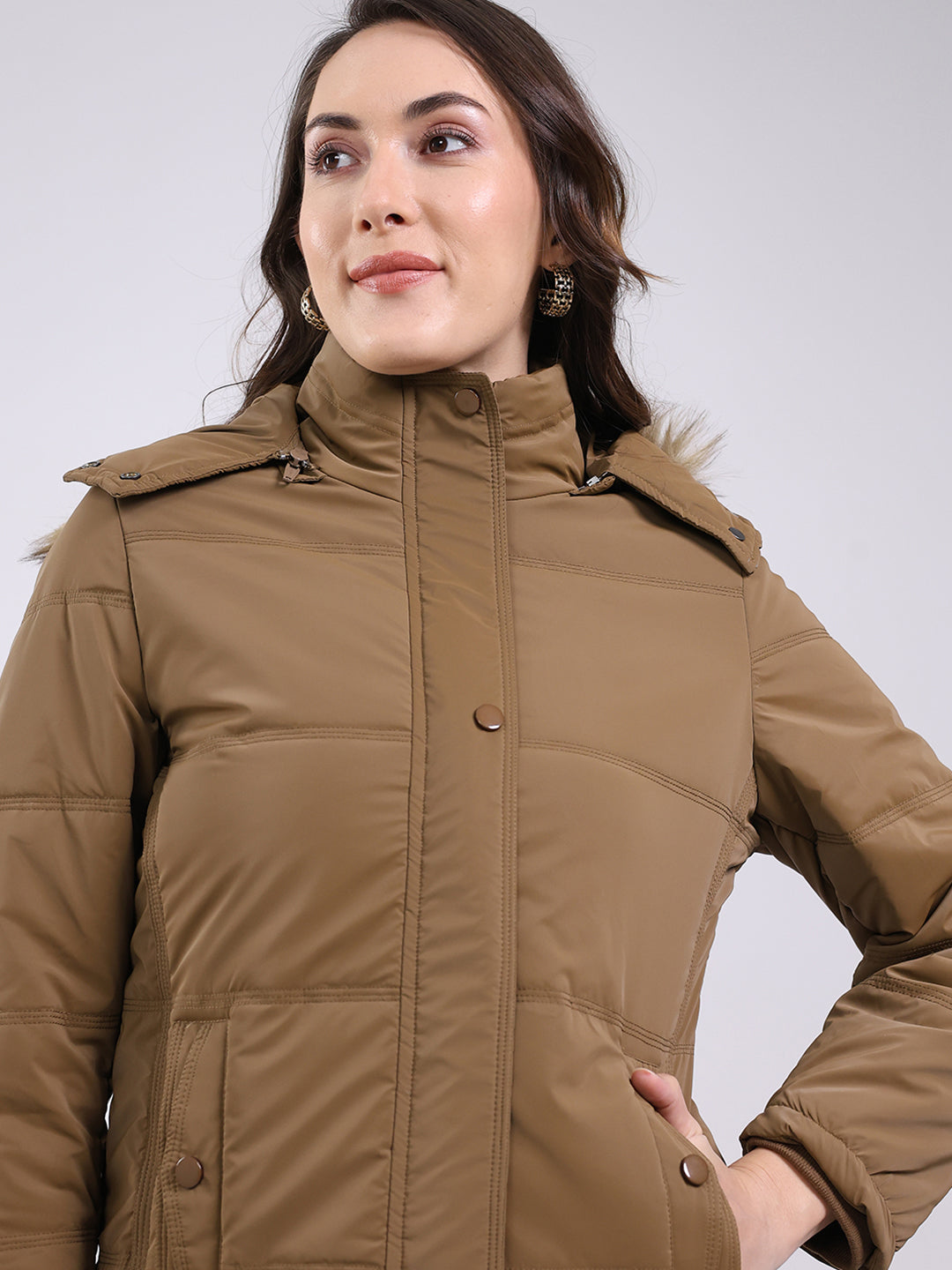 Women Camel Brown Solid Hooded Full Sleeve Jacket