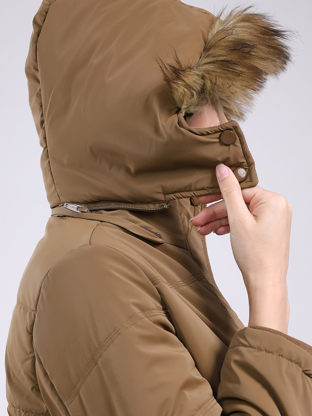 Women Camel Brown Solid Hooded Full Sleeve Jacket