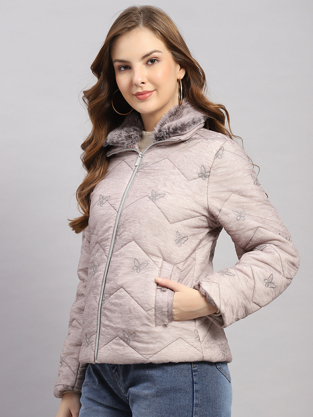 Women Grey Embroidered Collar Full Sleeve Jacket